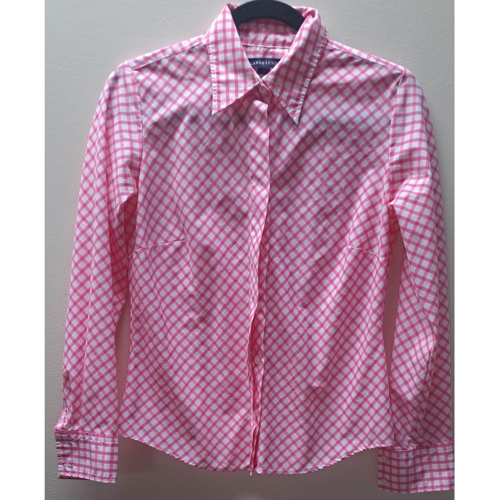 Lands End Pink Gingham Check Button Down Shirt Petite 6P Cotton Long Sleeve